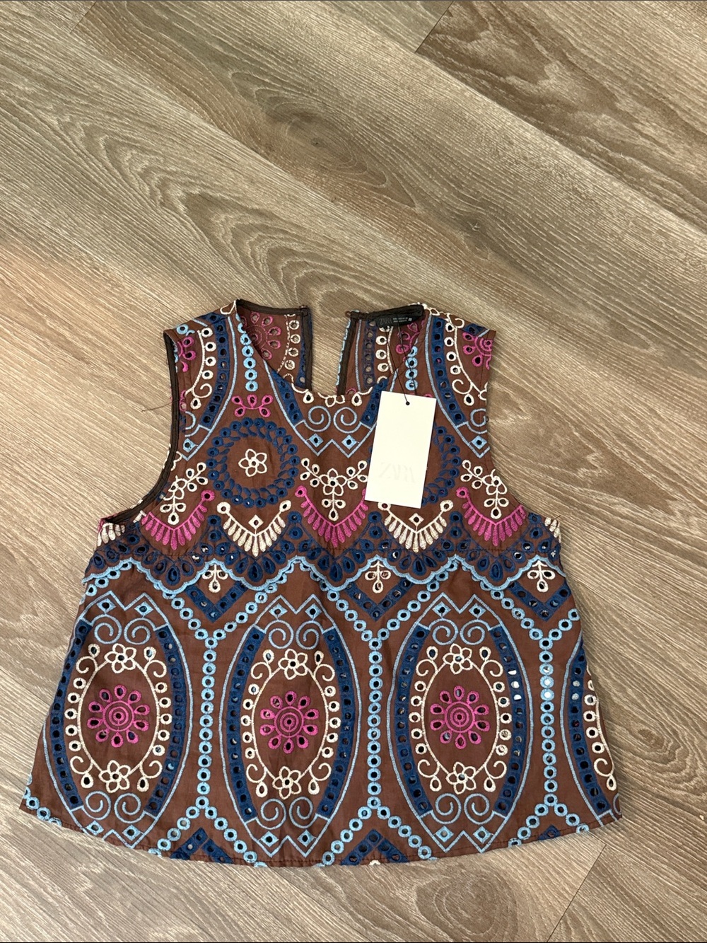 Zara Brown Embroidered Geometric Sleeveless Camisole with Blue and Pink Accents